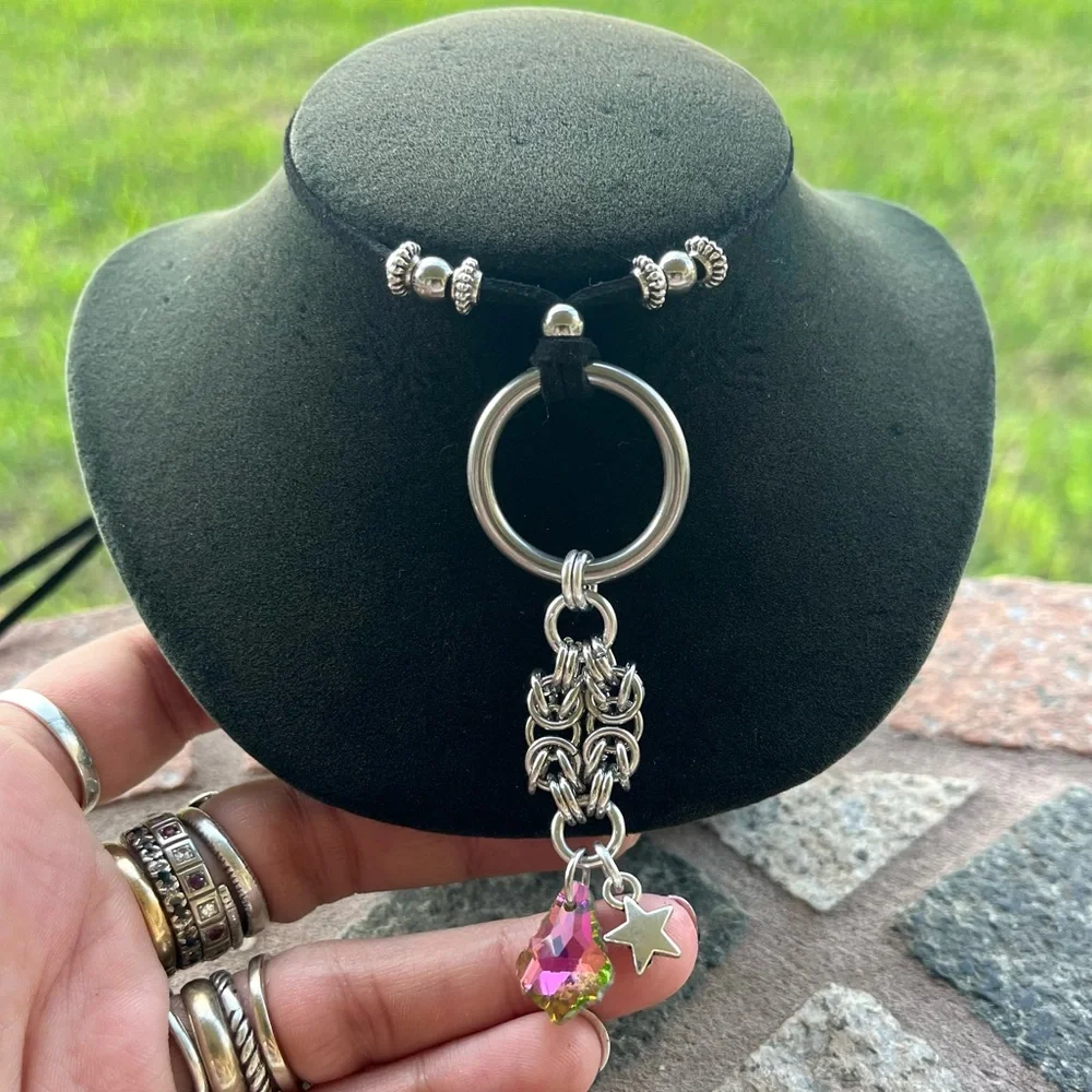 Maille choker necklace black suede pink yellow austrian crystal + star charm